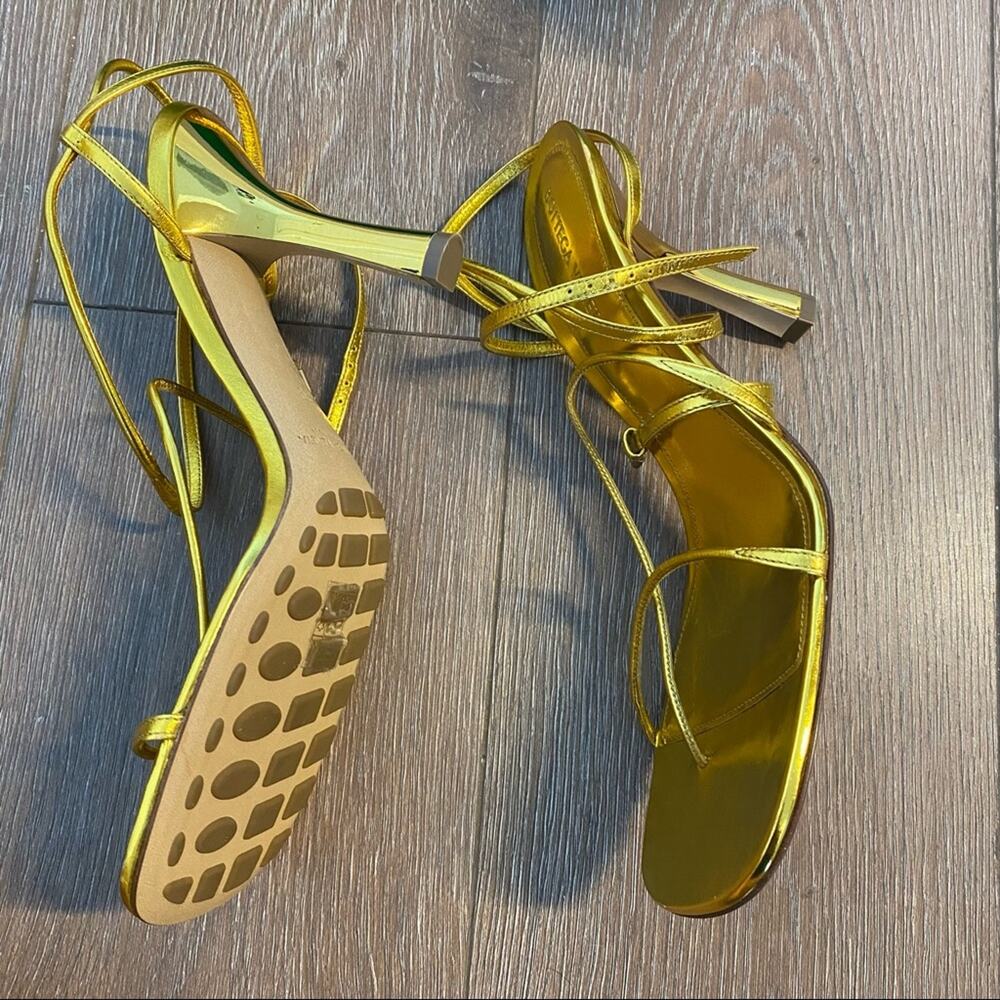 BOTTEGA VENETA Line Metallic Gold Strappy Leather Heeled Sandals - Picture 8 of 11